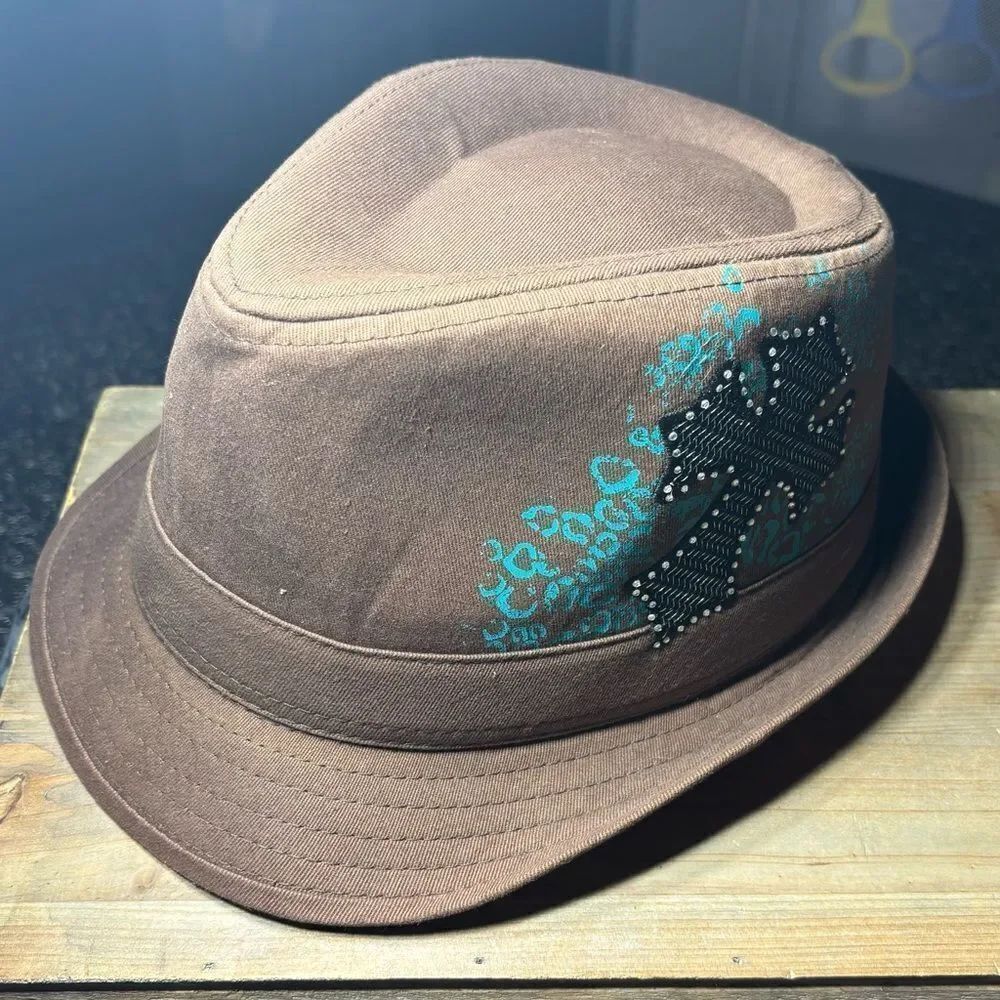 Studded Cross Teal Accents on Brown Tone Fedora Hat One Size Fits Most EPC